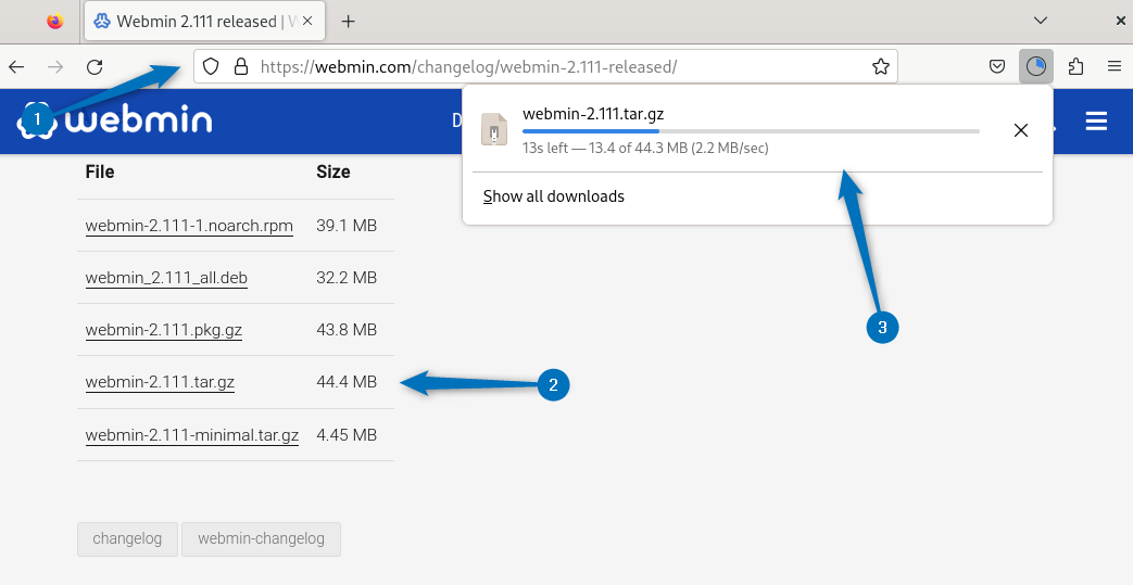 Downloading Webmin tar file on Debian from its official site