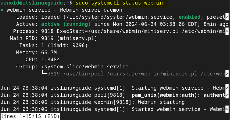 Checking status of Webmin service on Debian 12