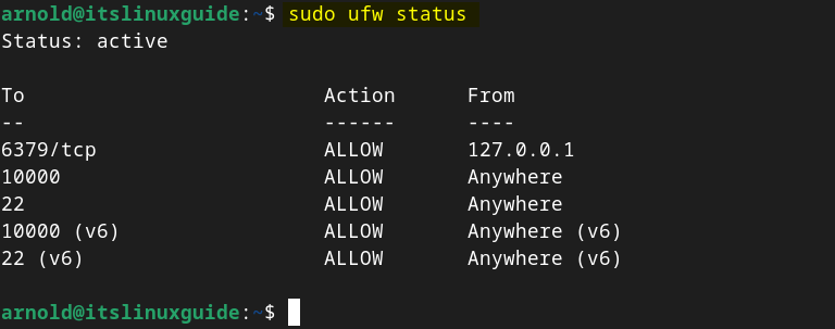 Checking the status of firewall on Debian after adding port 10000 and 22 for Webmin