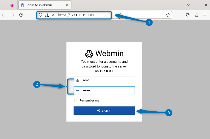 Logging in to Webmin web interface on Debian