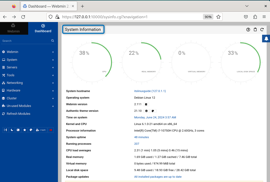 Webmin dashboard on Debian