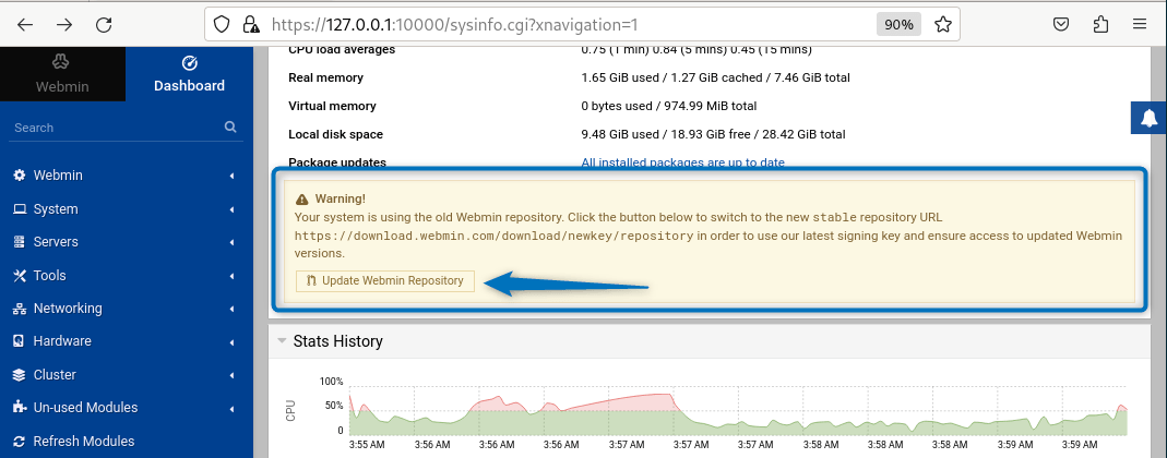 Updating Webmin repository on Debian from Webmin dashboard
