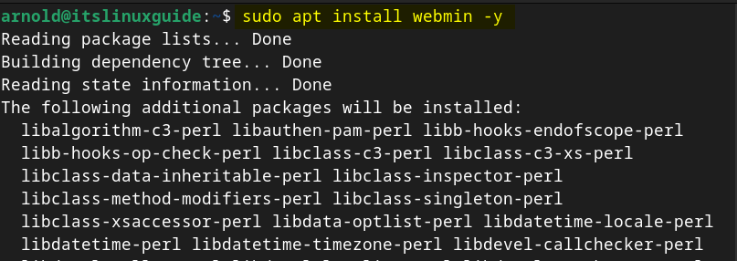 Installing Webmin on Debian using apt package manager after adding its repository by executing its script file.