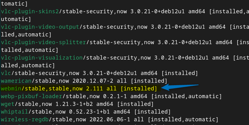 Listing apt installed apps on Debian to verify Webmin installation.