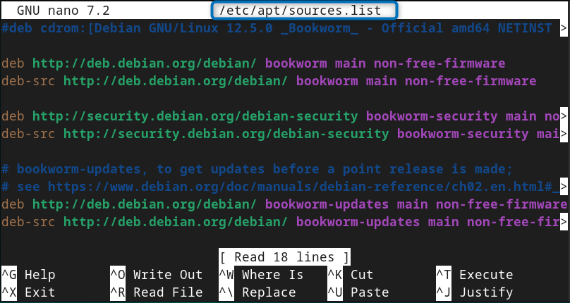Opening sources.list file on Debian 12 to manually add Webmin repository.