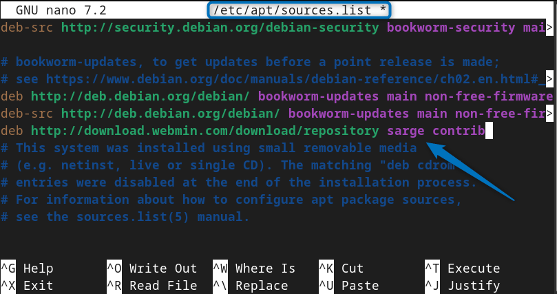 Manually adding Webmin repository on Debian 12 in its sources.list file.