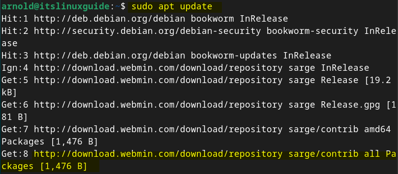 Updating apt packages list after manually Webmin repository on Debian 12