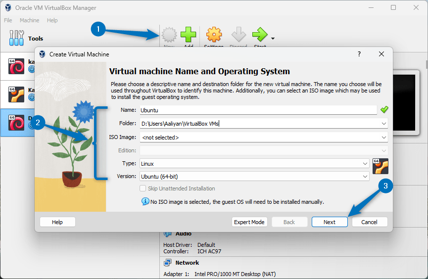 Creating a new virtual machine for Ubuntu on VirtualBox. Adding its name, installation directory, type and version.