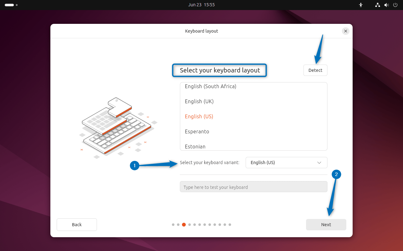 Selecting keyboard layout for Ubuntu 24.04 while installing it on VirtualBox