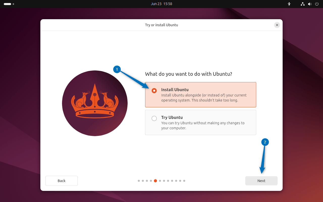 Selecting Install Ubuntu as a type of Installation for Installing Ubuntu 24.04 on VirtualBox