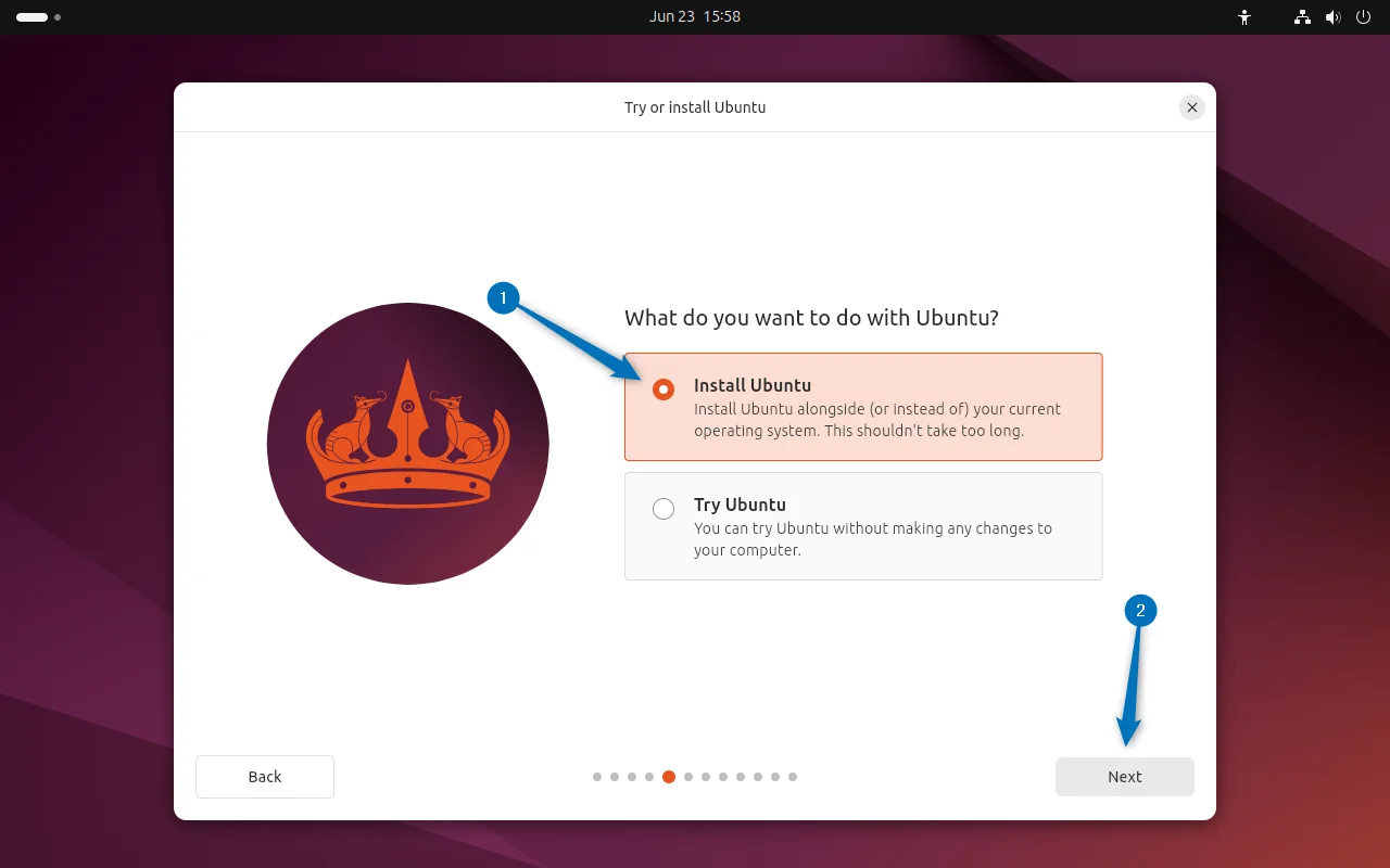 Selecting Install Ubuntu as a type of Installation for Installing Ubuntu 24.04 on VirtualBox