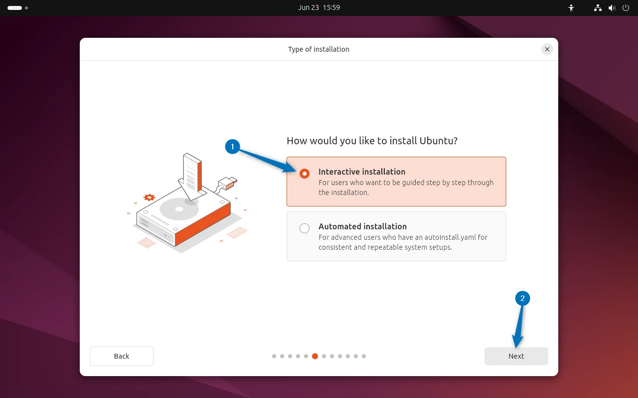 Selecting Interactive installation as the mode for installing Ubuntu 24.04 on VirtualBox 