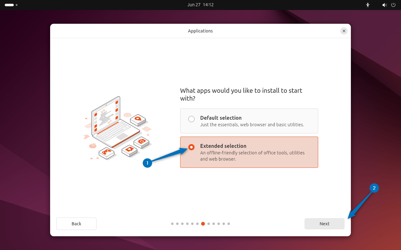 Selecting the Extended installation (offline installation) to avoid system program problem detected error while installing Ubuntu 24.04 on VirtualBox