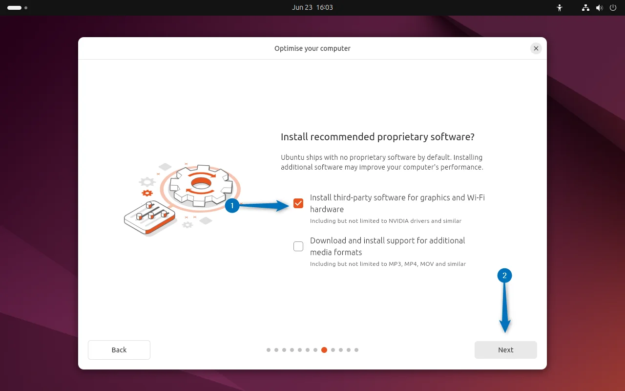 Allowing the installation of third party software for graphics and Wi-Fi hardware while installing Ubuntu on VirtualBox