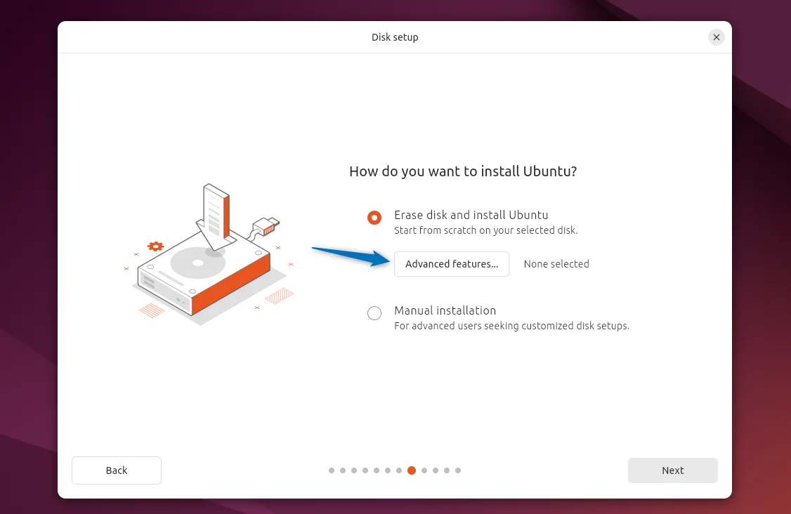 Selecting the advance features for Ubuntu disk while installing it on VirtualBox