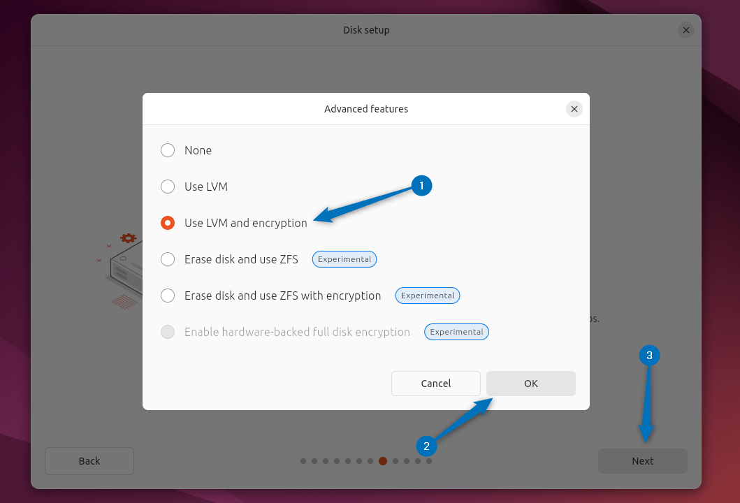 Selecting LVM and encryption for Ubuntu disk while installing it on VirtualBox