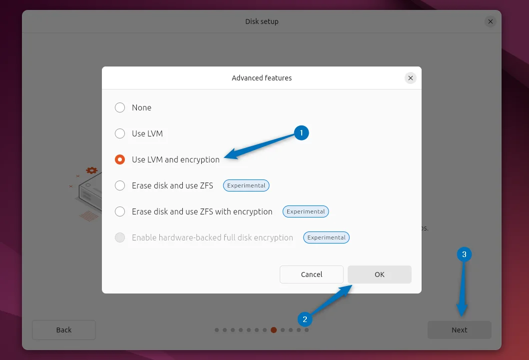 Selecting LVM and encryption for Ubuntu disk while installing it on VirtualBox