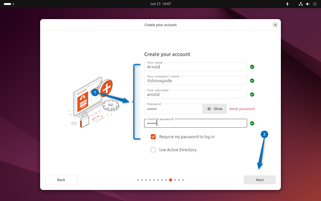 Creating an account for Ubuntu while installing it on VirtualBox