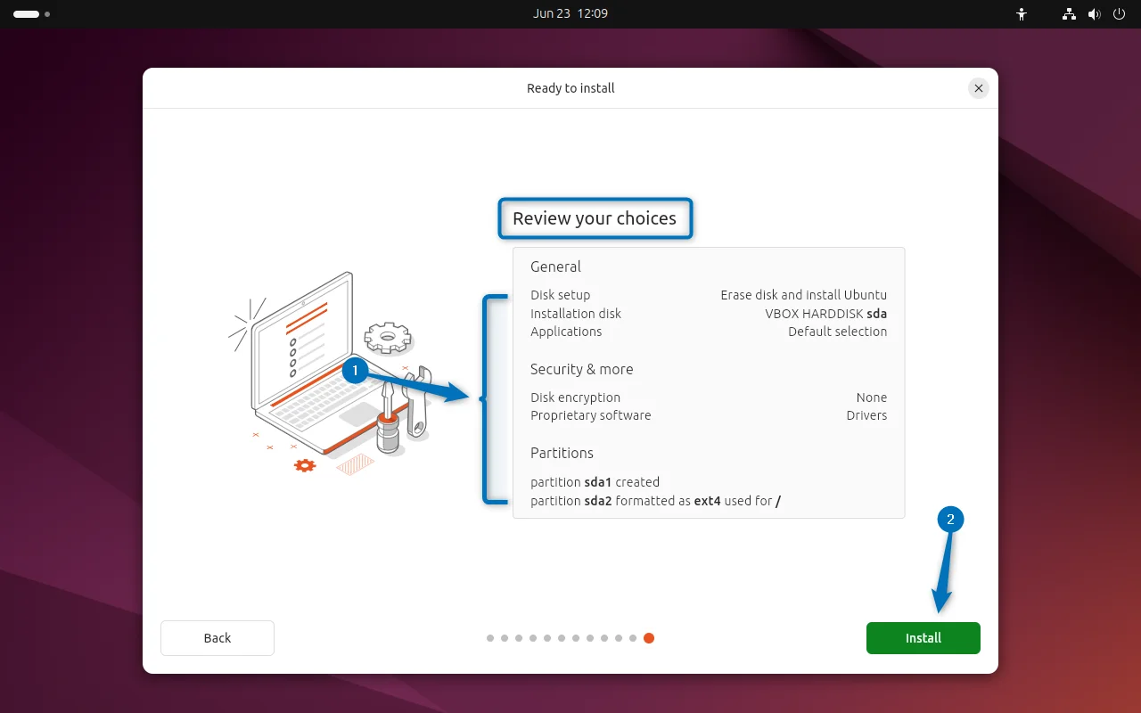 Reviewing all the settings in the Ubuntu installer for installing it on Virtualbox 