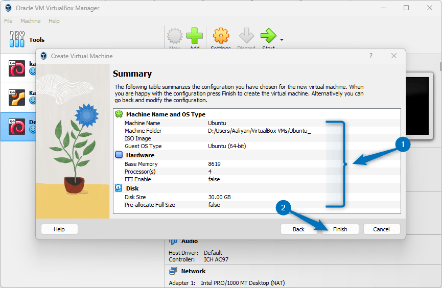 Summary of settings of Virtual Machine on VirtualBox for Ubuntu installation