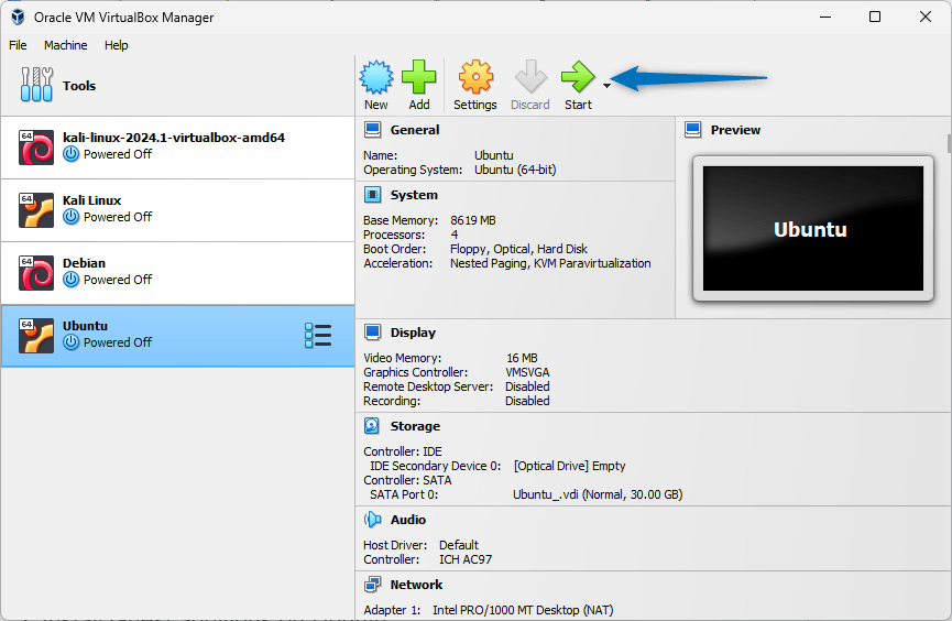 Starting Ubuntu installation on VirtualBox after creating its virtual machine.