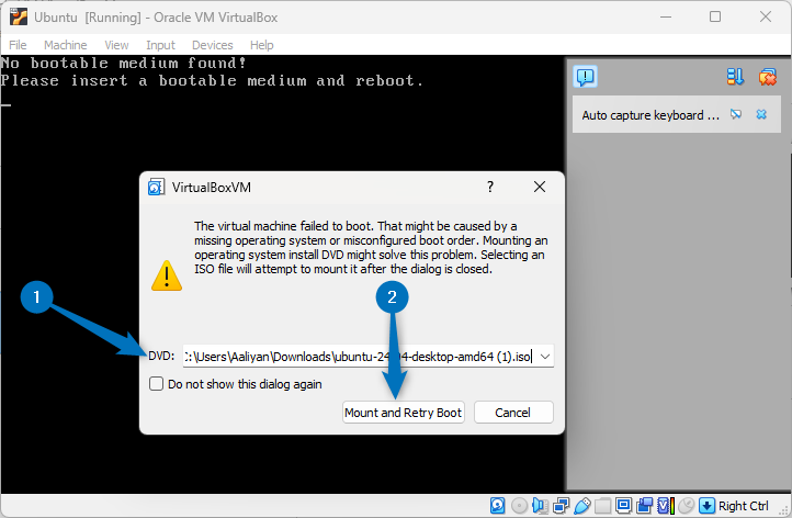 Mounting Ubuntu 24.04 ISO file in VirtualBox
