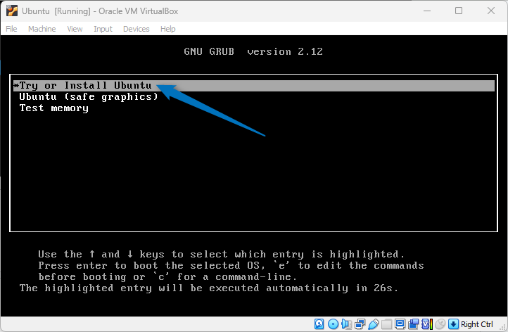 Selecting the type of installation for Ubuntu 24.04 on VirtualBox from its GRUB menu