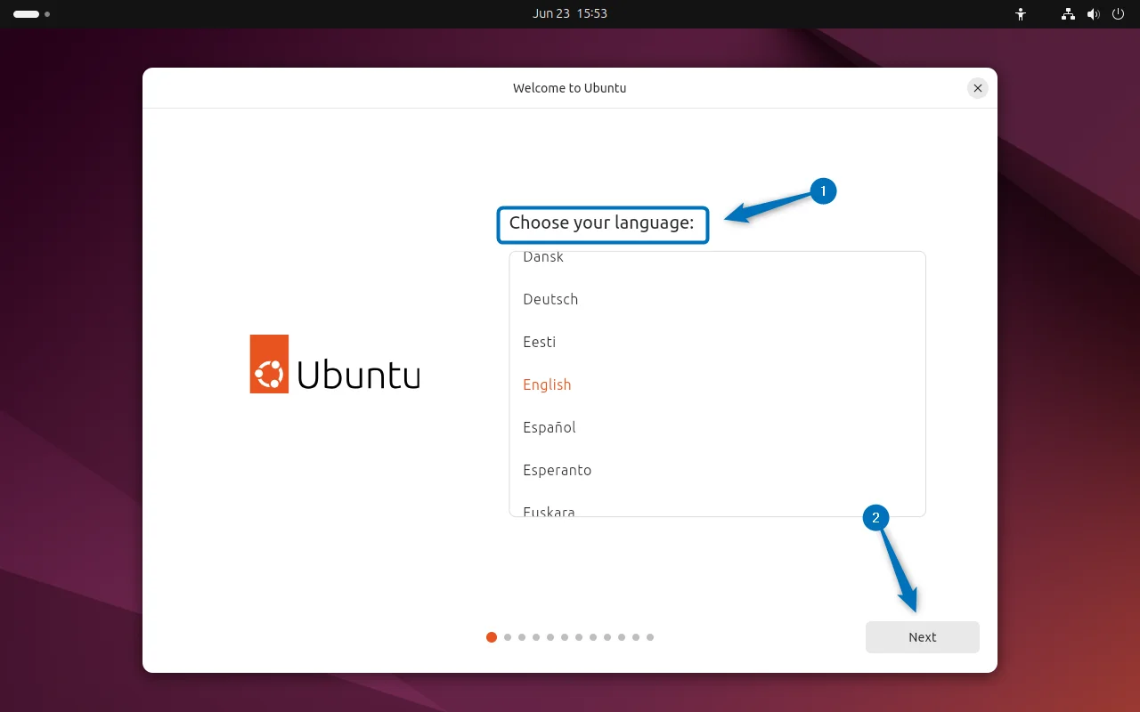 Choosing language for Ubuntu while installing it on VirtualBox