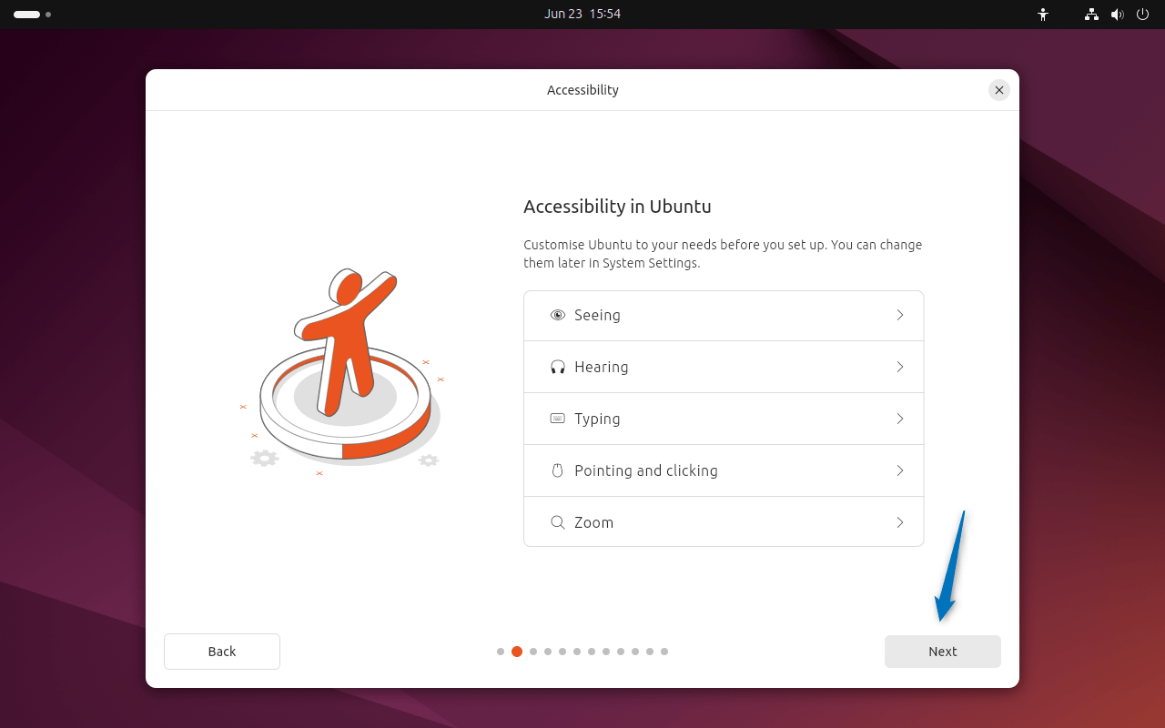 Setting accessibility settings in Ubuntu 24.04 while installing it on VirtualBox