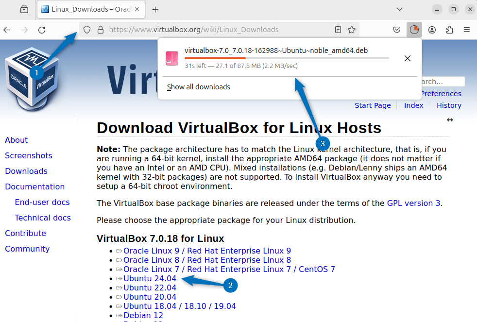 Downloading VirtualBox Deb file on Ubuntu