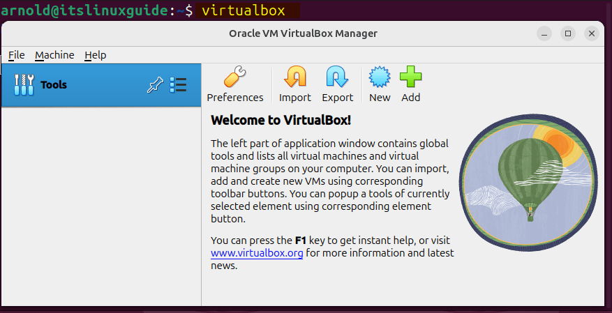 Launching VirtualBox on Ubuntu installed via its Deb file.