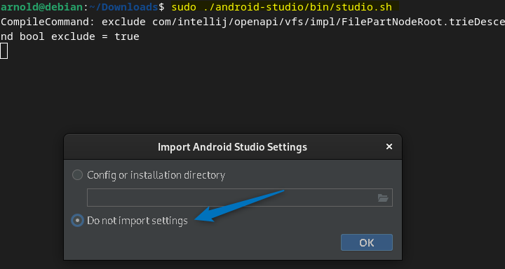 importing settings for Android Studio on Debian