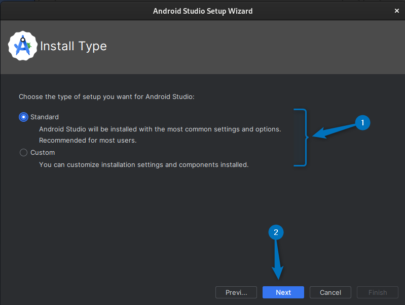 Selecting the type of setup for Android Studio development environment on Debian