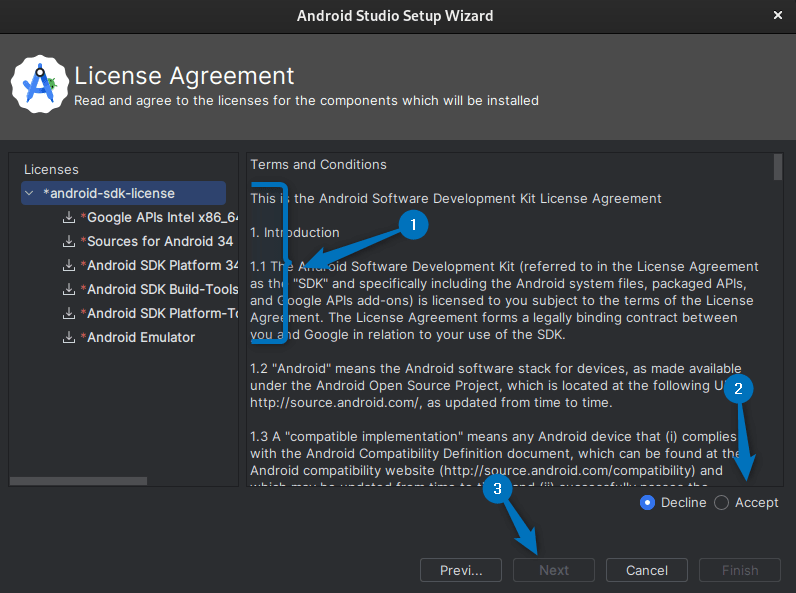 Accepting licenses for installation components for Android Studio in Debian 12