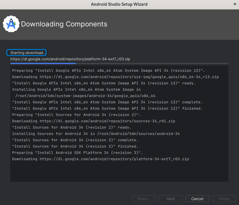 Downloading and Installing components for Android Studio development environment on Debian