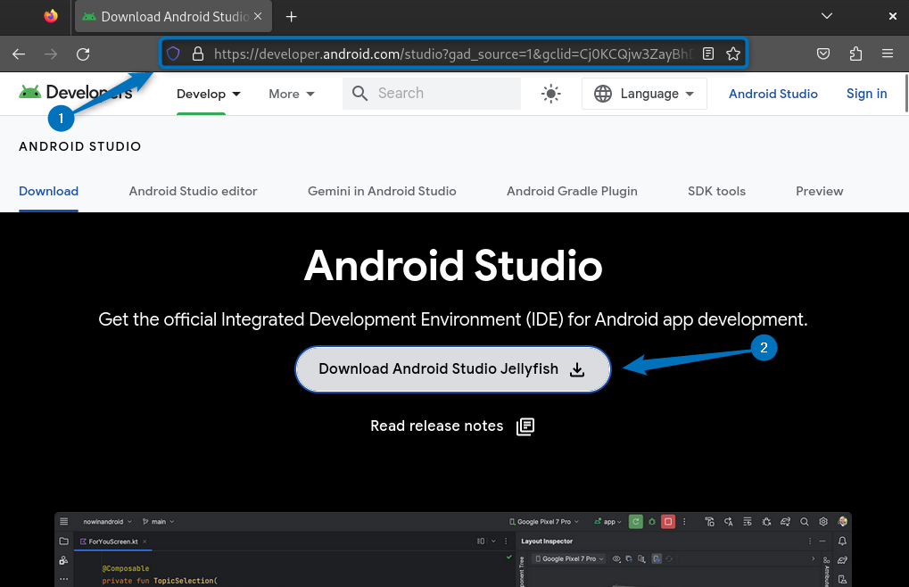 Downloading Android Studio Tar File on Debian 12