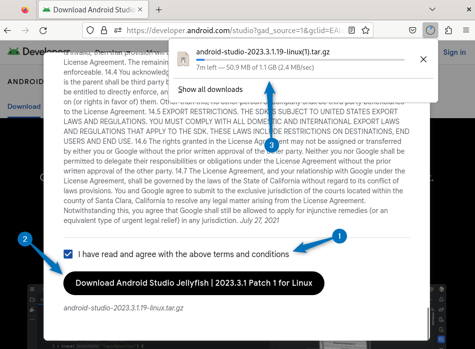 Downloading Android Studio Tar File on Debian 12