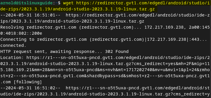Downloading Android Studio Tar File on Debian 12 through command line via download link