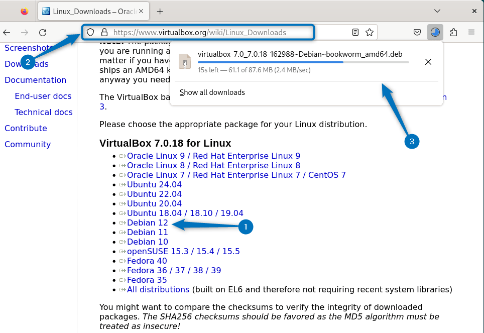 Directly downloading Virtual Box deb file on Debian 12