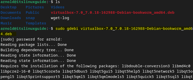installing VirtualBox on Debian 12 using its deb file through Gdebi package manager