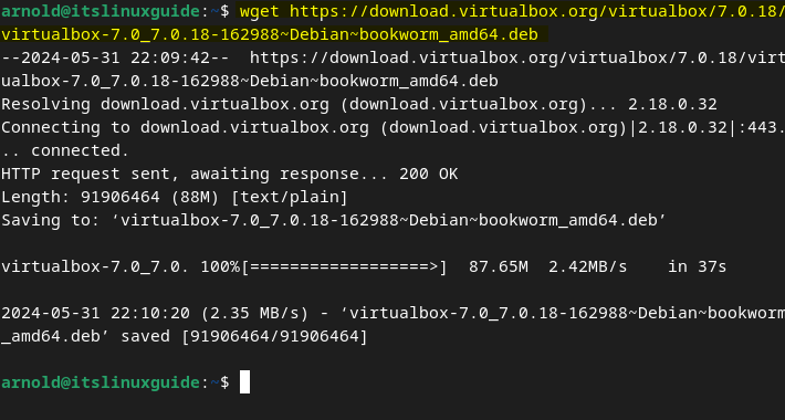 Downloading Virtual Box deb file on Debian 12 using download link in terminal