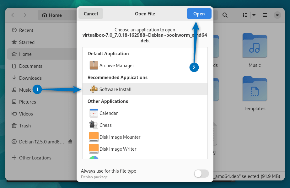 Opening virtual box deb file on Debian 12 using software install application.