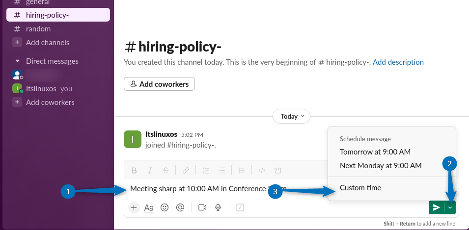 Scheduling a message in Slack on Ubuntu