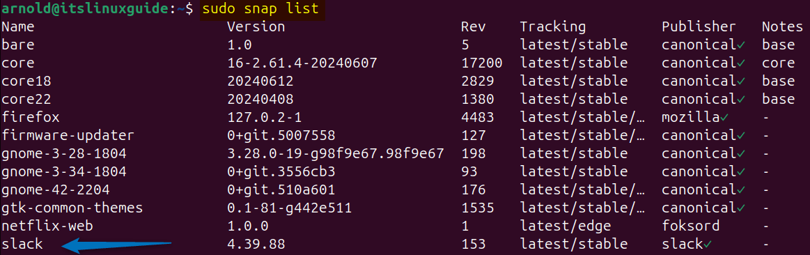 Verifying the Slack installation on Ubuntu by listing Snap installed apps