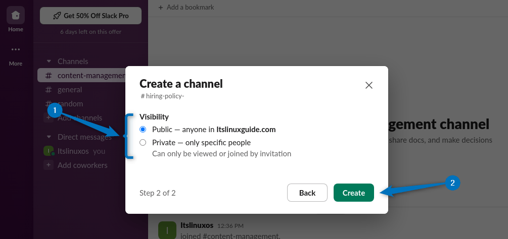 Setting channel privacy settings on Slack in Ubuntu