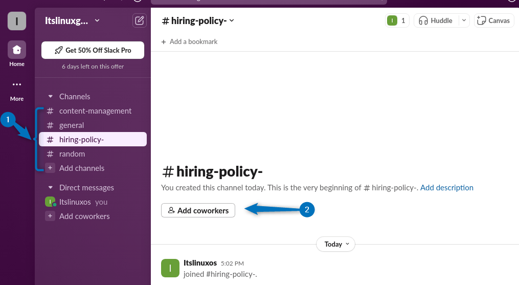 Adding coworkers in Slack channel on Ubuntu