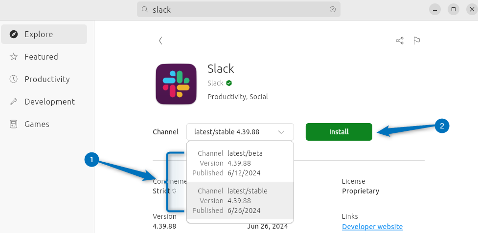 Choosing Slack version and installing Slack on Ubuntu from App Center