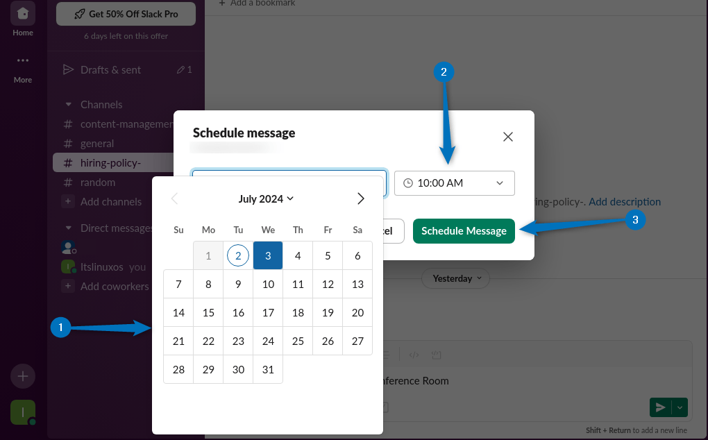 Setting time and date for scheduling a message in Slack on Ubuntu