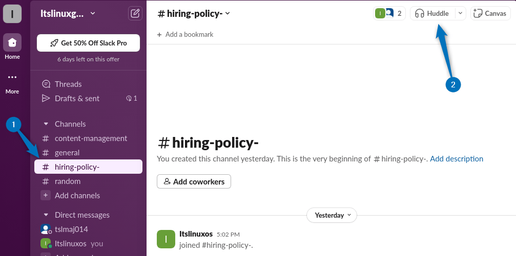 Creating a Huddle/audio-video call in Slack on Ubuntu