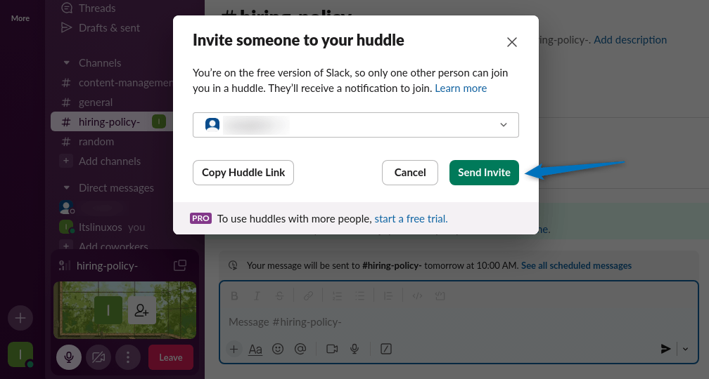 Adding the members email to add them in huddle in Slack on Ubuntu